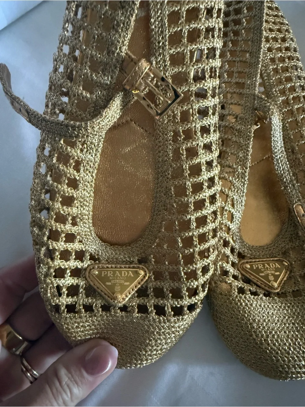 Prada Crochet Mary Jane Flats in Metallic Gold-Tan - Picture 7 of 8